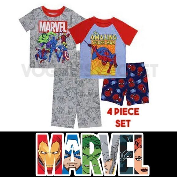 NEW! Marvel Kids' 4 PC PJ Set- 2 Graphic Tee’s, 1 Long Pant and 1 shorts, SZ 7 - Picture 1 of 15